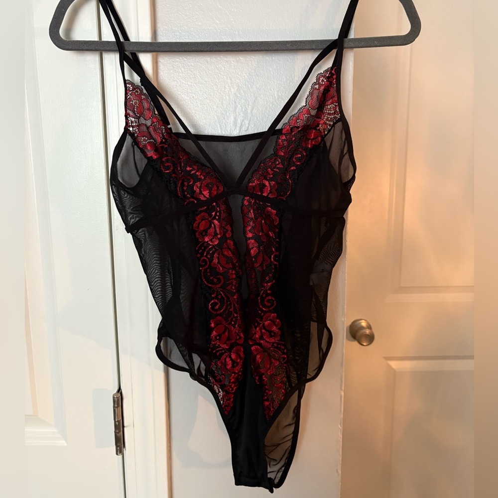 Sheer Black and Red Lace Chemise Bodysuit